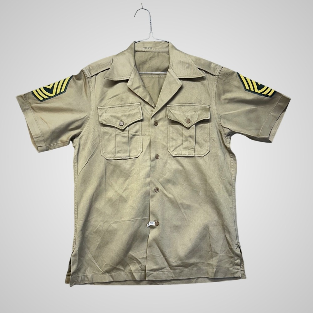 US Military Uniform Shirt Mens Small Khaki Good First Sergeant Rank Epaulets
